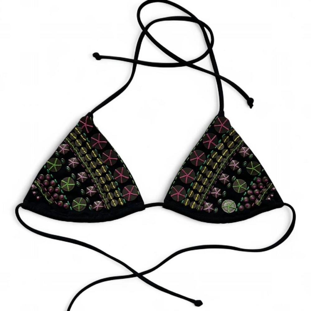 Victoria’s Secret Black Embellished Triangle Bikini Top Beaded Studded Festival